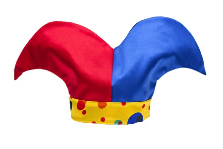 multi-colored jester hat isolated on white backgroundの写真素材