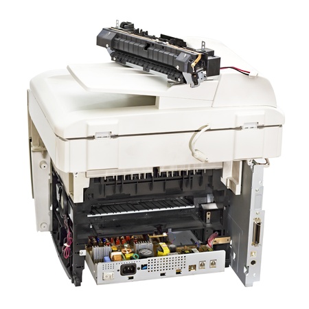 broken laser printer isolated on white backgroundの写真素材