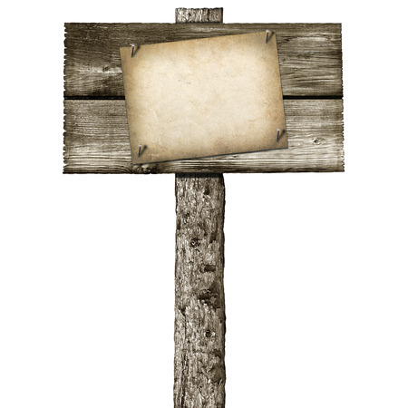 wooden post with a sign isolated on a white backgroundの写真素材