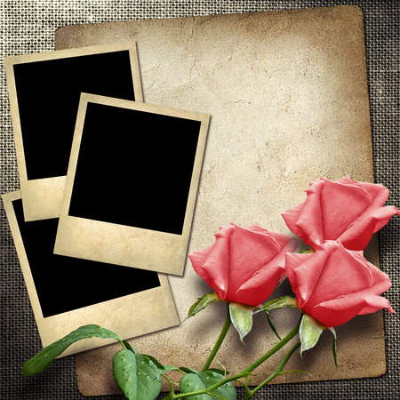 Polaroid-style photo on a linen background  with red roses in vintage styleの写真素材