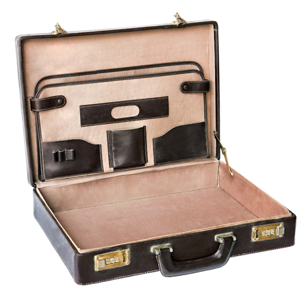 Old open suitcase leatherette Isolated on white backgroundの写真素材