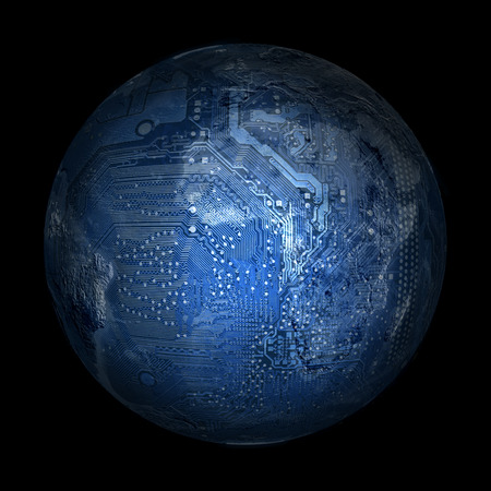 electronic digital planet earth on a black backgroundの写真素材