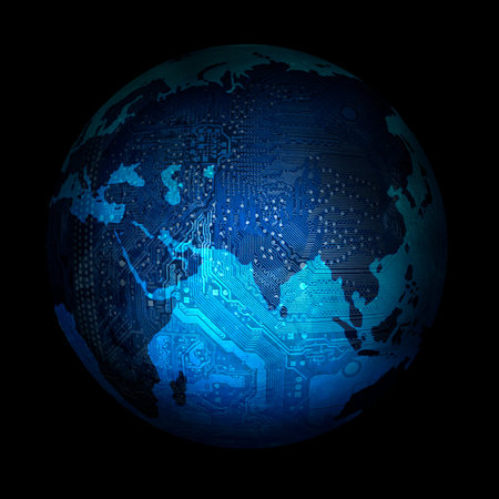 electronic digital planet earth on a black backgroundの写真素材