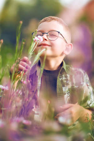 Portrait of a boy sniffing a wild flower close-upの写真素材