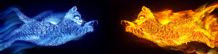 Red-hot fiery and icy cold kittens jump towards each otherの写真素材