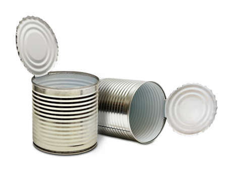 two open an empty tin can isolated on white backgroundの写真素材