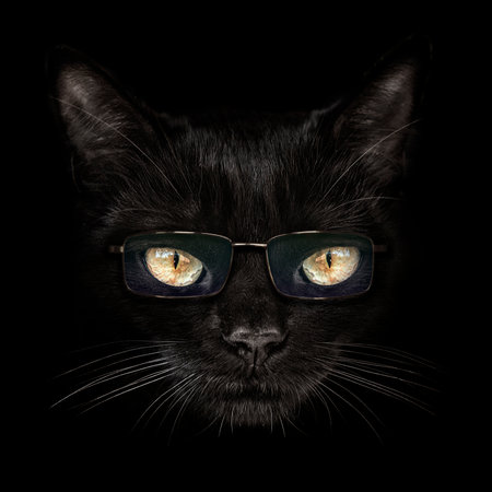 dark muzzle cat with glasses close-up. front viewの写真素材