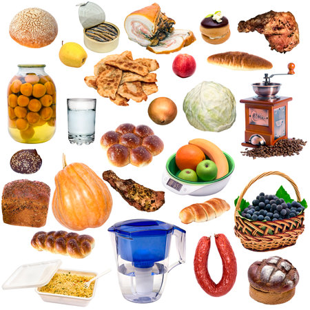 set of different foods and drinks isolated on white backgroundの写真素材