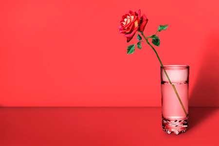 One red rose in a glass vase on a red backgroundの写真素材