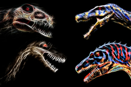 Set of illustrations of the muzzle of an unknown monster close-up on a black backgroundの写真素材