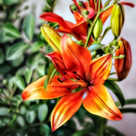 Illustration of a flower of an orange blooming lily close-upの写真素材