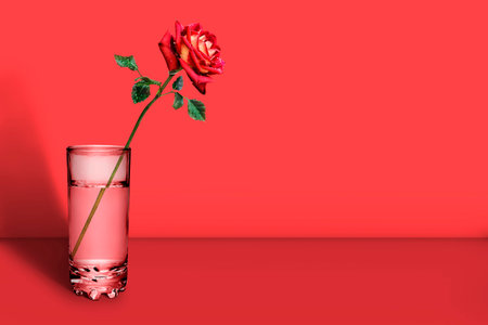 One red rose in a glass vase on a red backgroundの写真素材