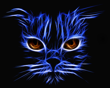 Illustration portrait of a blue neon cat with yellow gases close-up on a black backgroundの写真素材