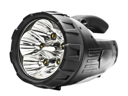 black plastic automotive LED lamp close-up isolated on white backgroundの写真素材