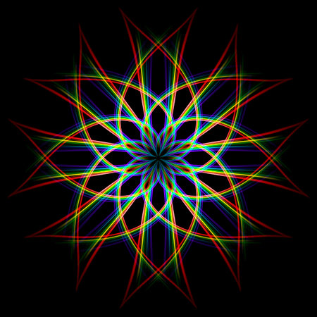 eight-pointed star design element made of colorful glowing lines on blackの写真素材