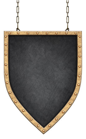 Medieval metal shield framed with brass with rivets, hanging on chains, isolated on white backgroundの写真素材