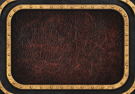 steampunk style leather plaque in brass frame with rivets on leather backgroundの写真素材