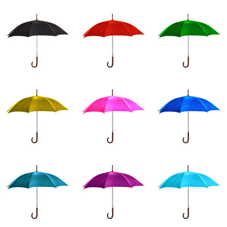 set of images open colored umbrella isolated on white background.の写真素材