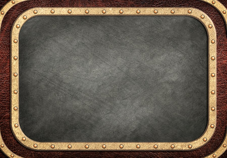 steampunk style metal plaque in brass frame with rivets on leather backgroundの写真素材