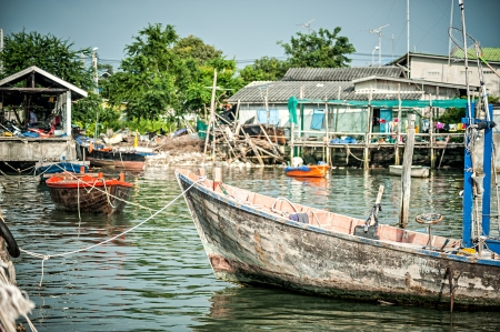 Fishing village asian style in blue sky .の写真素材