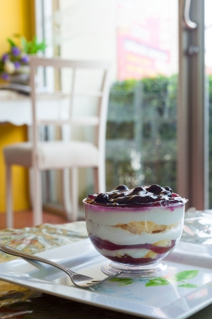 Fancy blueberry cake in white dish  の写真素材
