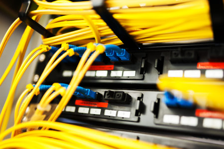 fiber optic with servers in a technology data center .