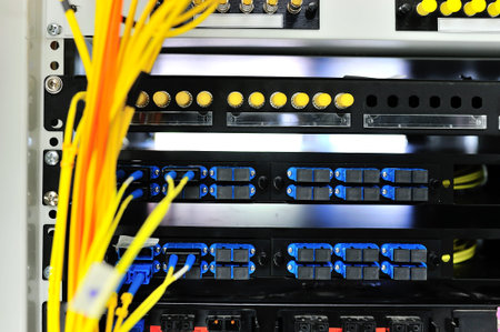 fiber optic with servers in a technology data center .