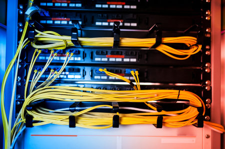 fiber optic with servers in a technology data center .
