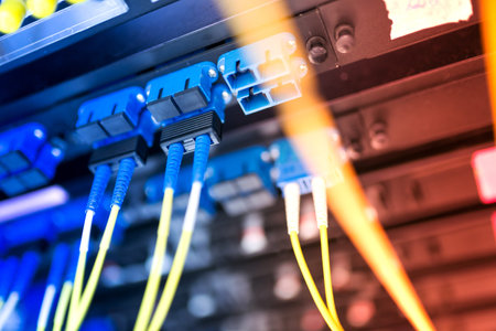 fiber optic with servers in a technology data center .