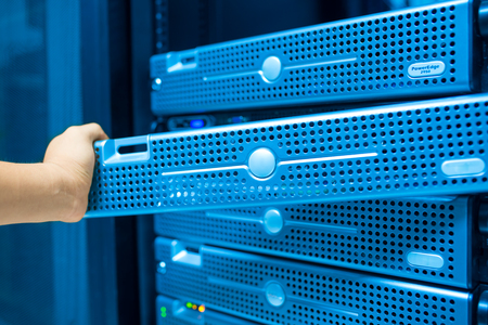 Man fix server network in data center room .の写真素材