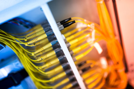 fiber optic with servers in a technology data center .