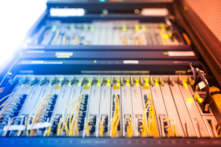 fiber optic with servers in a technology data center .
