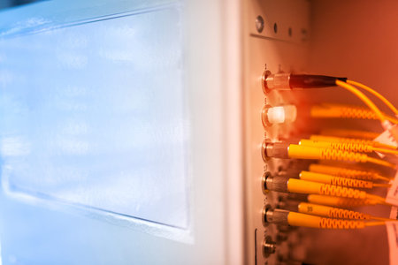 fiber optic with servers in a technology data center .