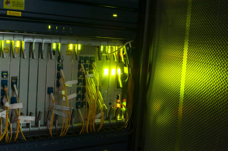 fiber optic with servers in a technology data center .