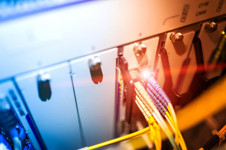 fiber optic with servers in a technology data center .
