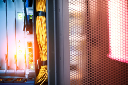 fiber optic with servers in a technology data center .