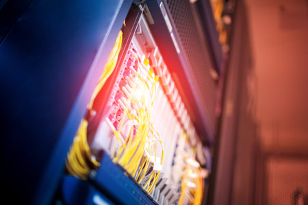 fiber optic with servers in a technology data center .