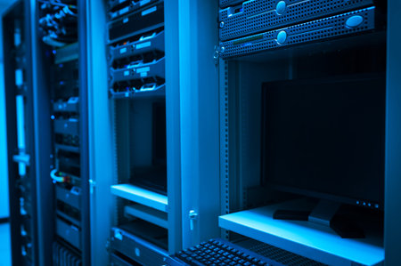 Man fix server network in data center room .