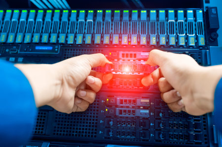 People fix core switch in network room .