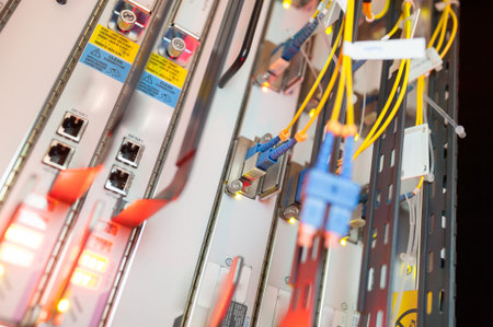 fiber optic with servers in a technology data center .