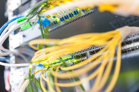 fiber optic with servers in a technology data center .
