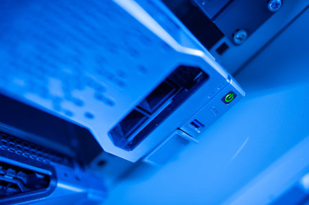 The server room tells the computer server that is working continuously. Convey the power and...