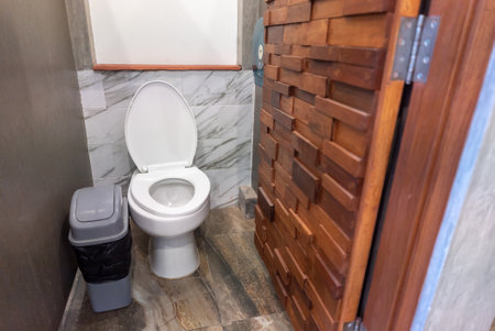 Bathroom with beautiful toilet and wood doorの写真素材