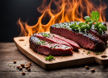 High-quality steak stock photo featuring a perfectly grilled steak with grill marks, juicy texture, and a mouthwatering presentation. Ideal for culinary, restaurant, and food-related projects."の素材