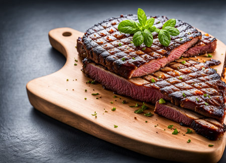 High-quality steak stock photo featuring a perfectly grilled steak with grill marks, juicy texture, and a mouthwatering presentation. Ideal for culinary, restaurant, and food-related projects."の素材