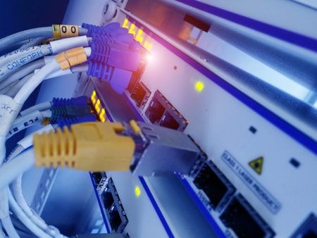 fiber optic with servers in a technology data center. selective focus