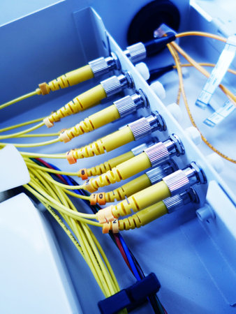 Fiber Optic cables connected to an optic ports in a data center.