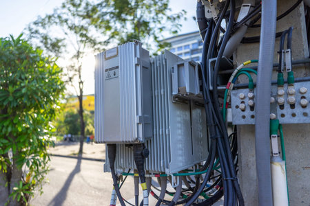 Electrical equipment on the street of the city. Electricity distribution.