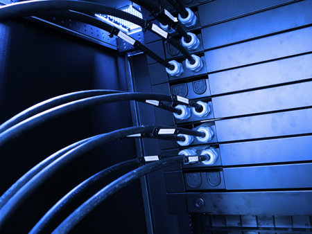 close up of network cables in a data center.