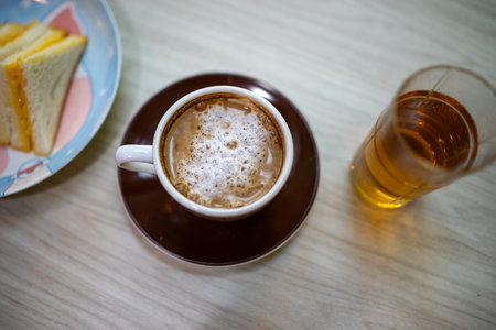Hot coffee that looks amazing and delicious.の写真素材